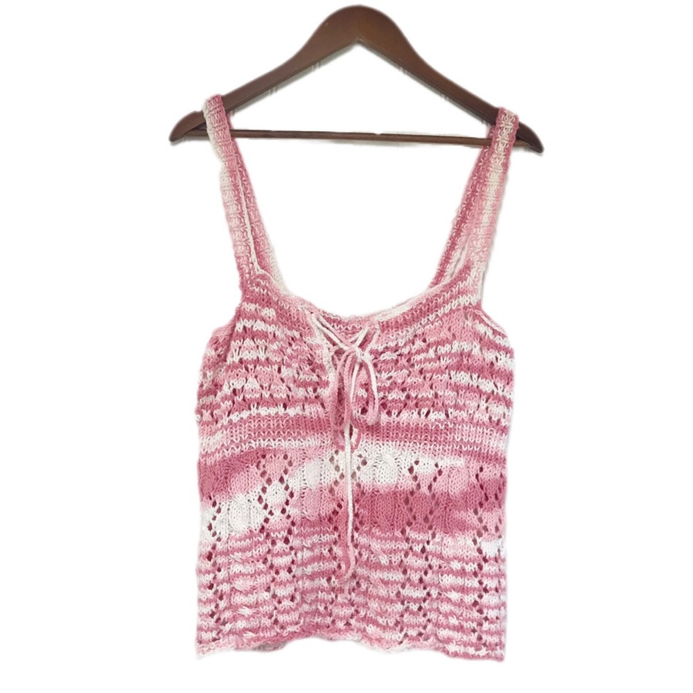 VINTAGE‎ Pink White Handmade Crochet Tank Top Boho Indie Cottagecore Size L XL